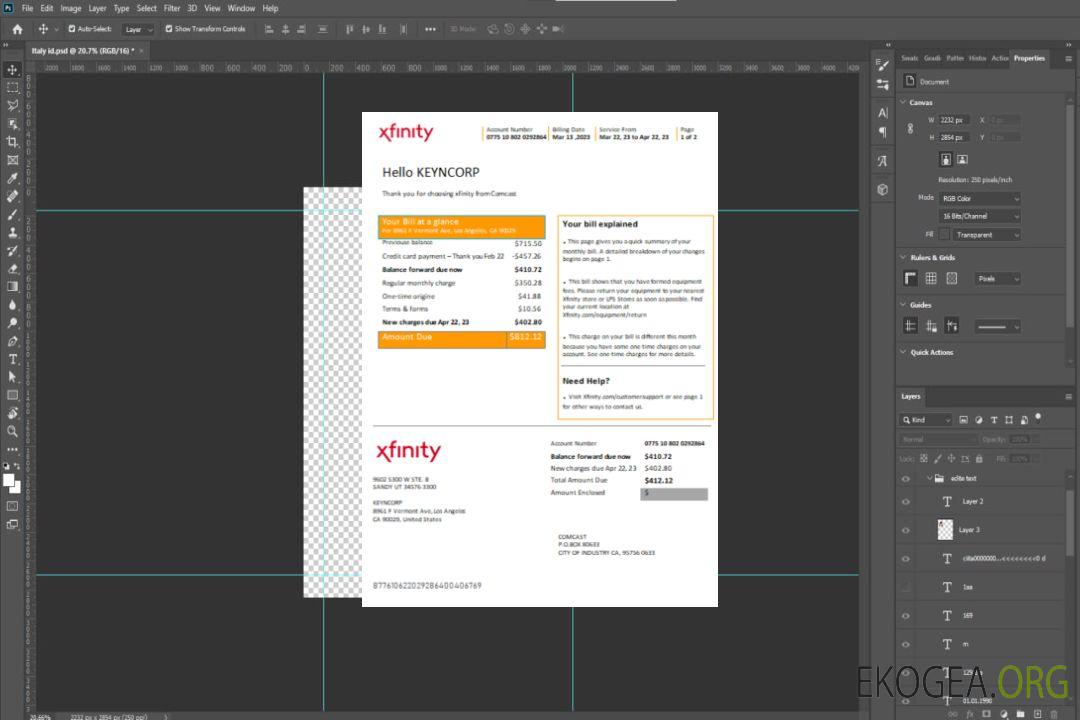 Facture commerciale de services publics San Francisco Xfinity Comcast SCR page 1 template Facture commerciale de services publics San Francisco Xfinity Comcast SCR page 1 template